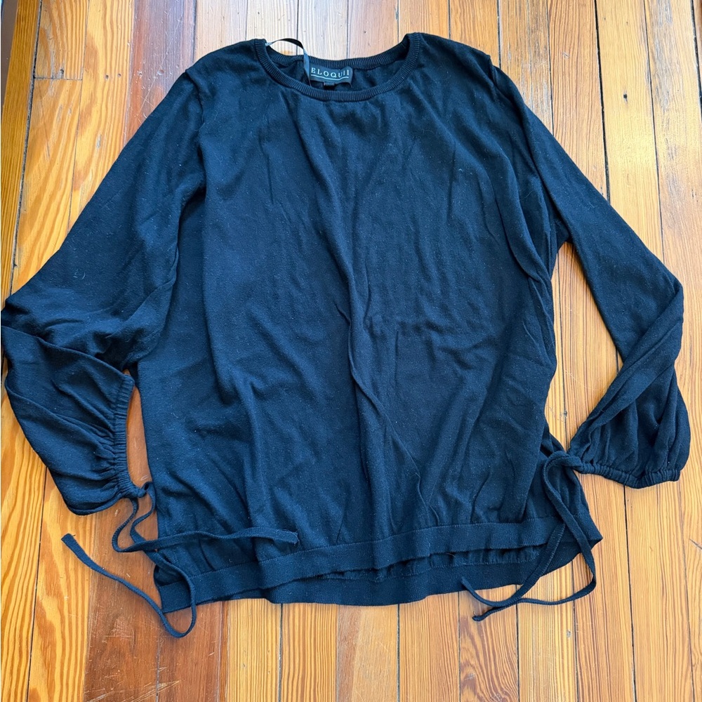 Eloquii Black Tie-Hem Crewneck Long Sleeve Top
